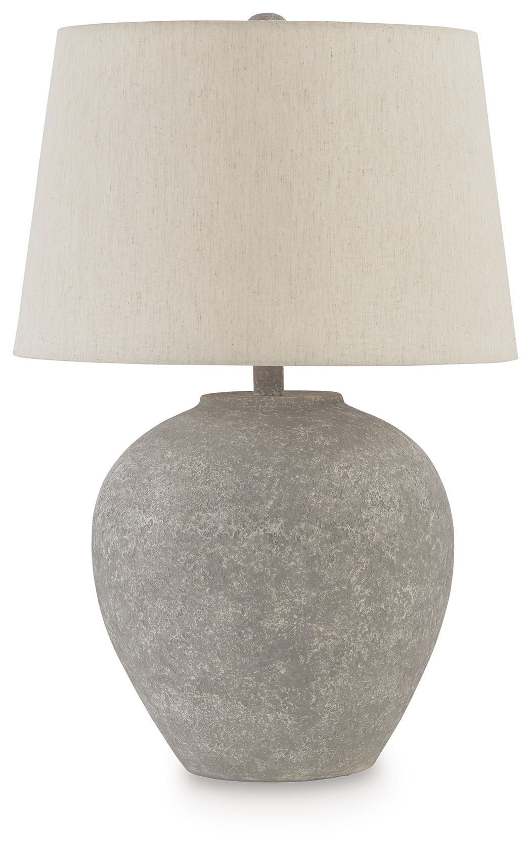 Distressed gray paper table lamp with fabric drum shade and rounded base