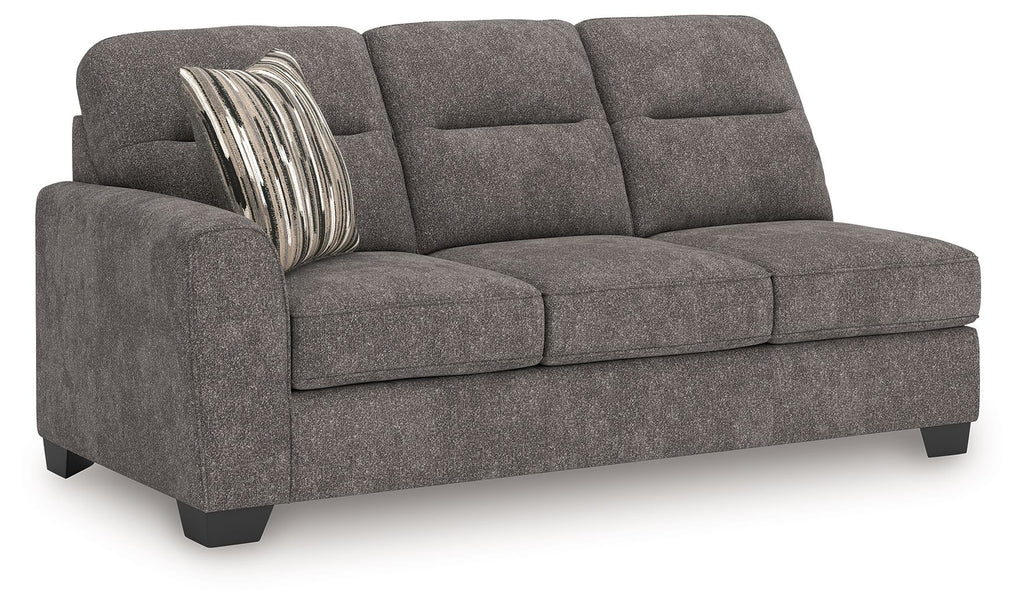 Graphite gray fabric sofa with chaise, square arms, and accent pillow