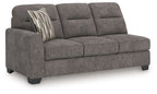 Graphite gray fabric sofa with chaise, square arms, and accent pillow