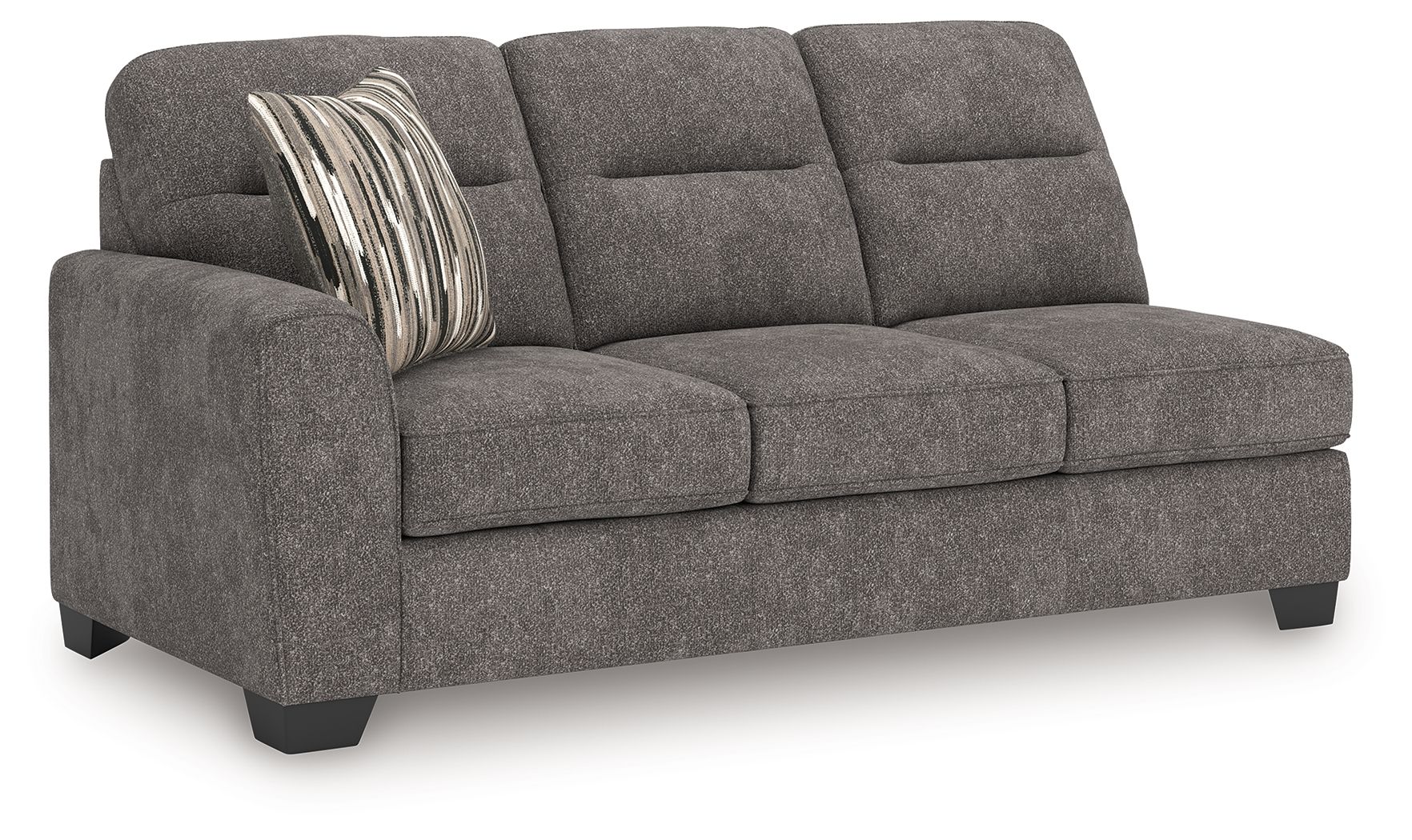 Graphite gray fabric sofa with chaise, square arms, and accent pillow