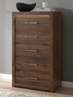 Dark brown wood five-drawer chest with horizontal pull handles, standing upright.