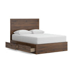 Light brown panel storage bed with white mattress and under-bed drawer storage