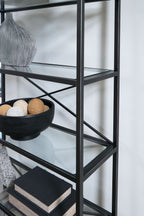 Antique black open bookcase with diagonal crossbars and side rails