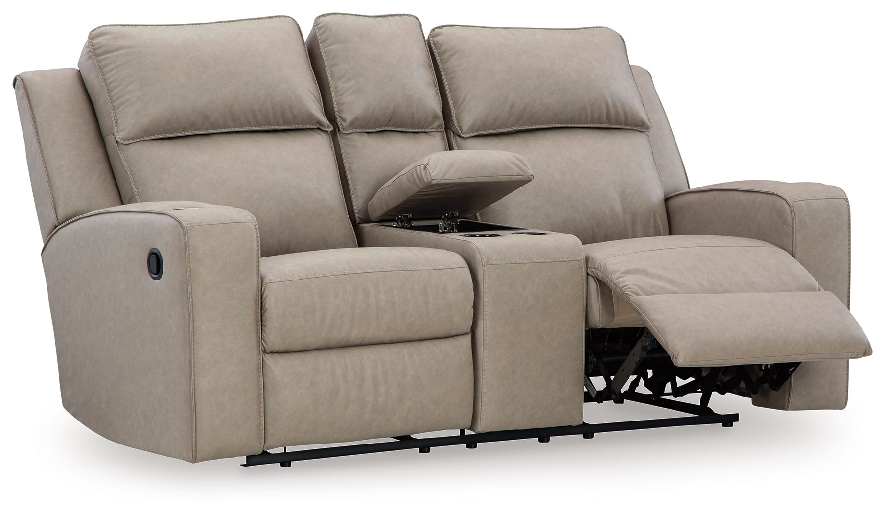 Pebble reclining loveseat with console, extended footrests and padded headrests.