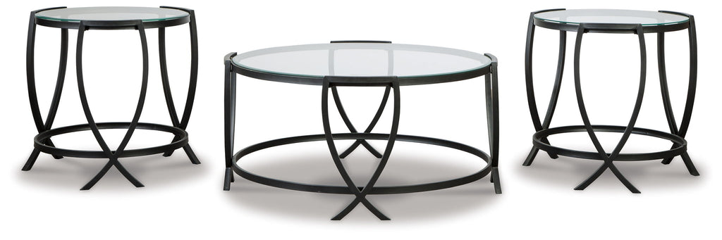 Black metal occasional table set of 3 with round glass tops and fan-shaped leg supports