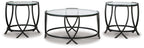 Black metal occasional table set of 3 with round glass tops and fan-shaped leg supports