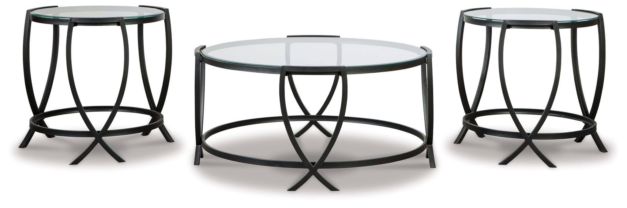 Black metal occasional table set of 3 with round glass tops and fan-shaped leg supports