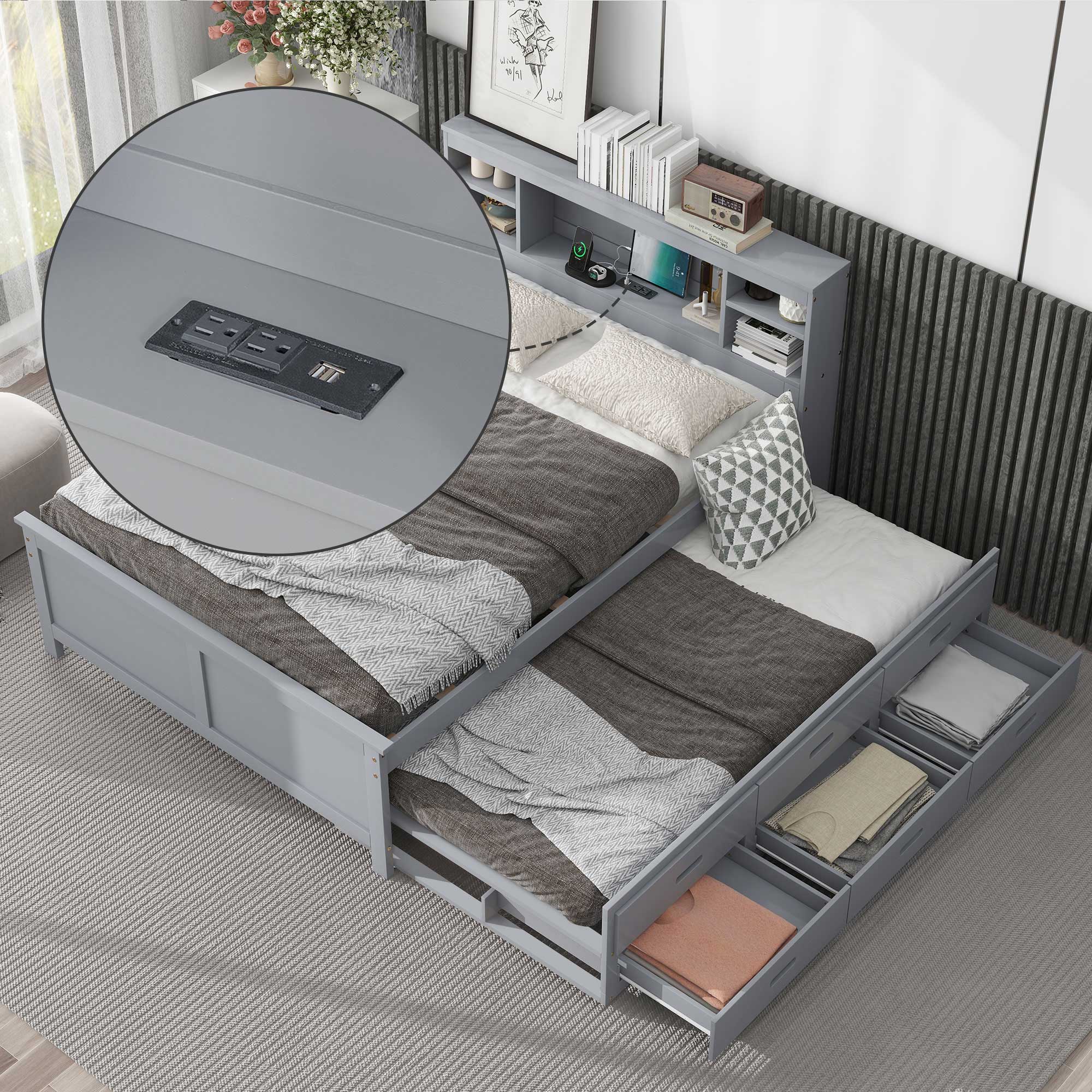 Full Size Platform Bed: Storage Headboard, USB, Trundle, Drawers - Gray
