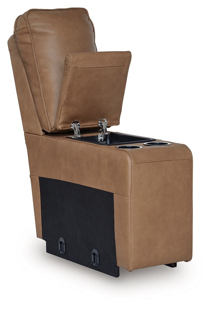 Caramel upholstered console storage chair with cup holders, chrome controls, and front doors