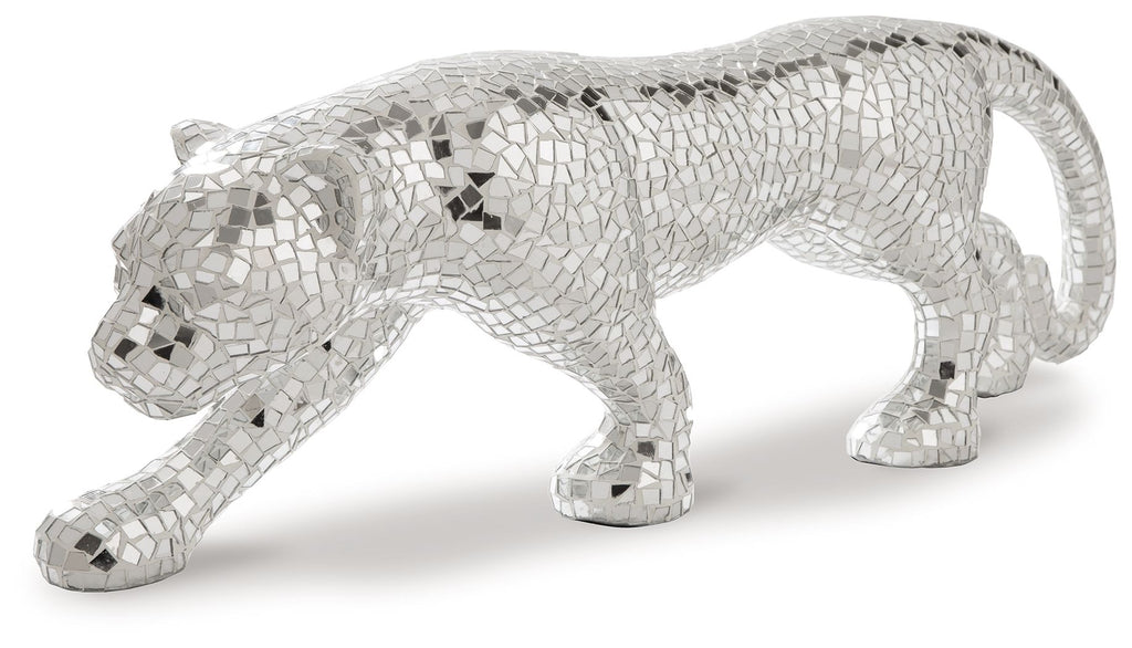 Silver-gray mosaic panther sculpture, full-body side view with tiled texture.