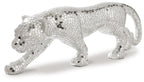 Silver-gray mosaic panther sculpture, full-body side view with tiled texture.