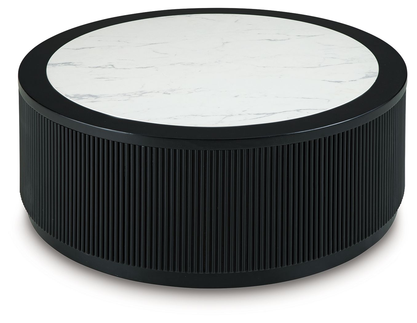 Black ribbed round table with white marble-look top and dark outer rim