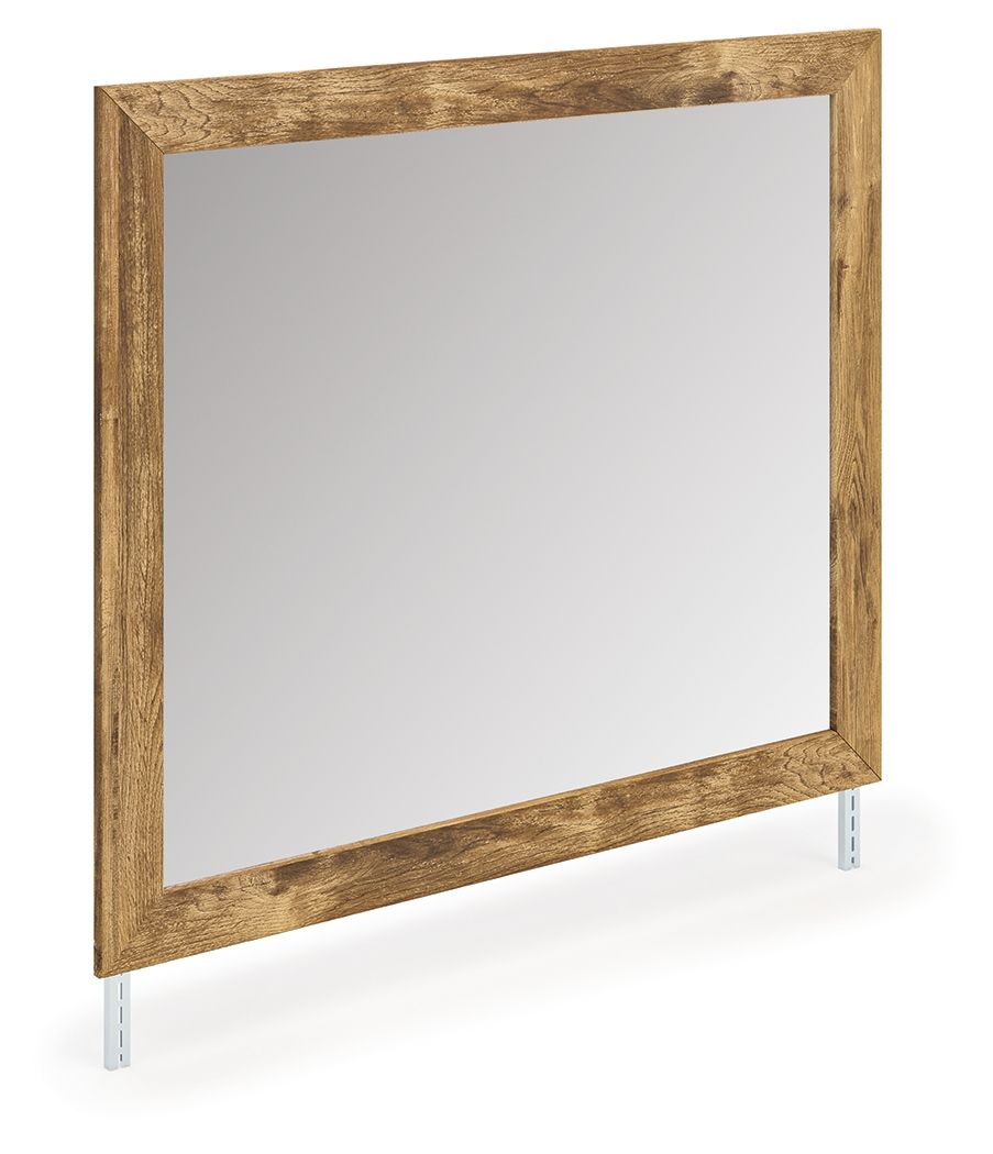 Brown wood-framed bedroom mirror with rectangular glass panel and straight profile