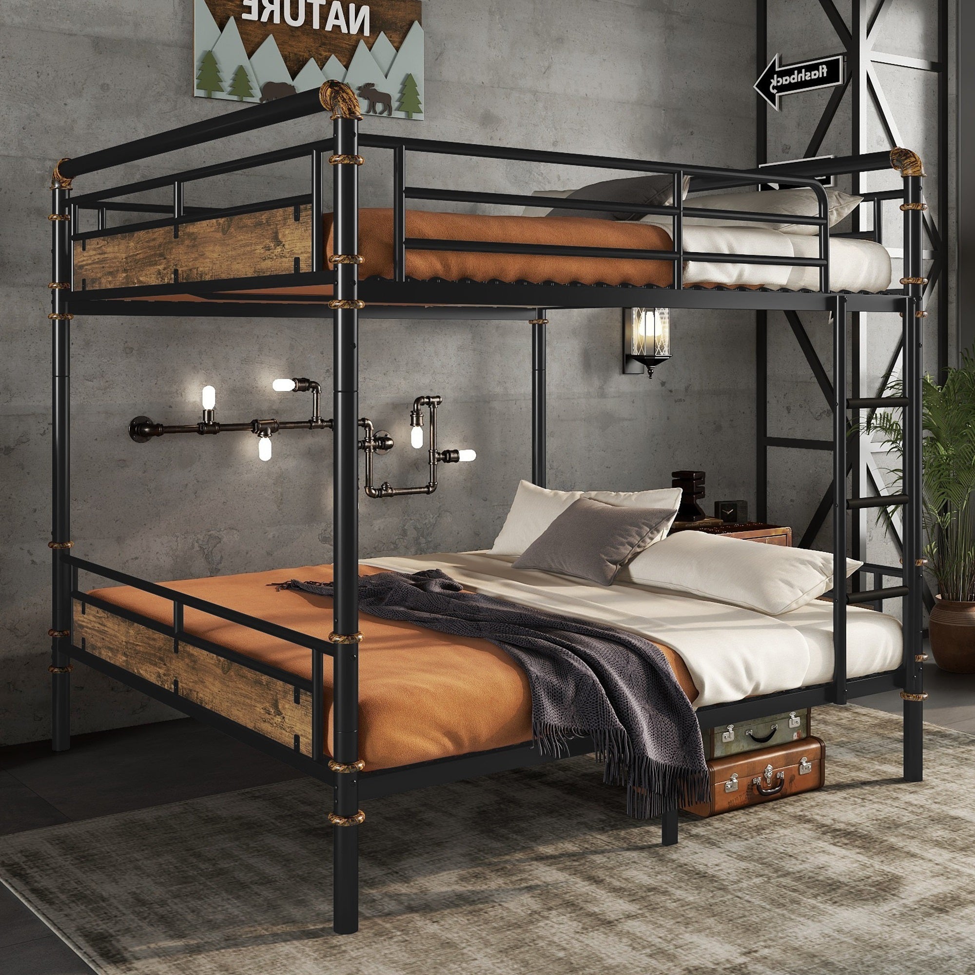Black Industrial Queen Over Queen Metal Bunk Bed - Safety Rails