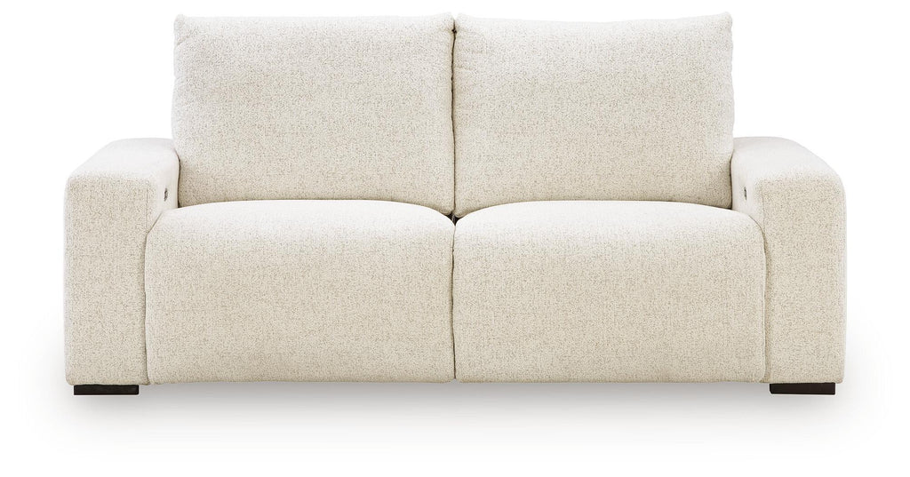 White power reclining sectional sofa with padded arms and two cushioned seat sections