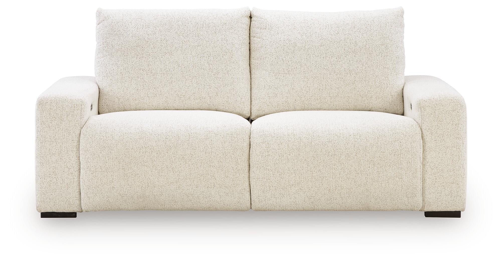 White power reclining sectional sofa with padded arms and two cushioned seat sections