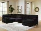 Dark sectional sofa with corner chaise, tufted cushions, wide arms, plush fabric