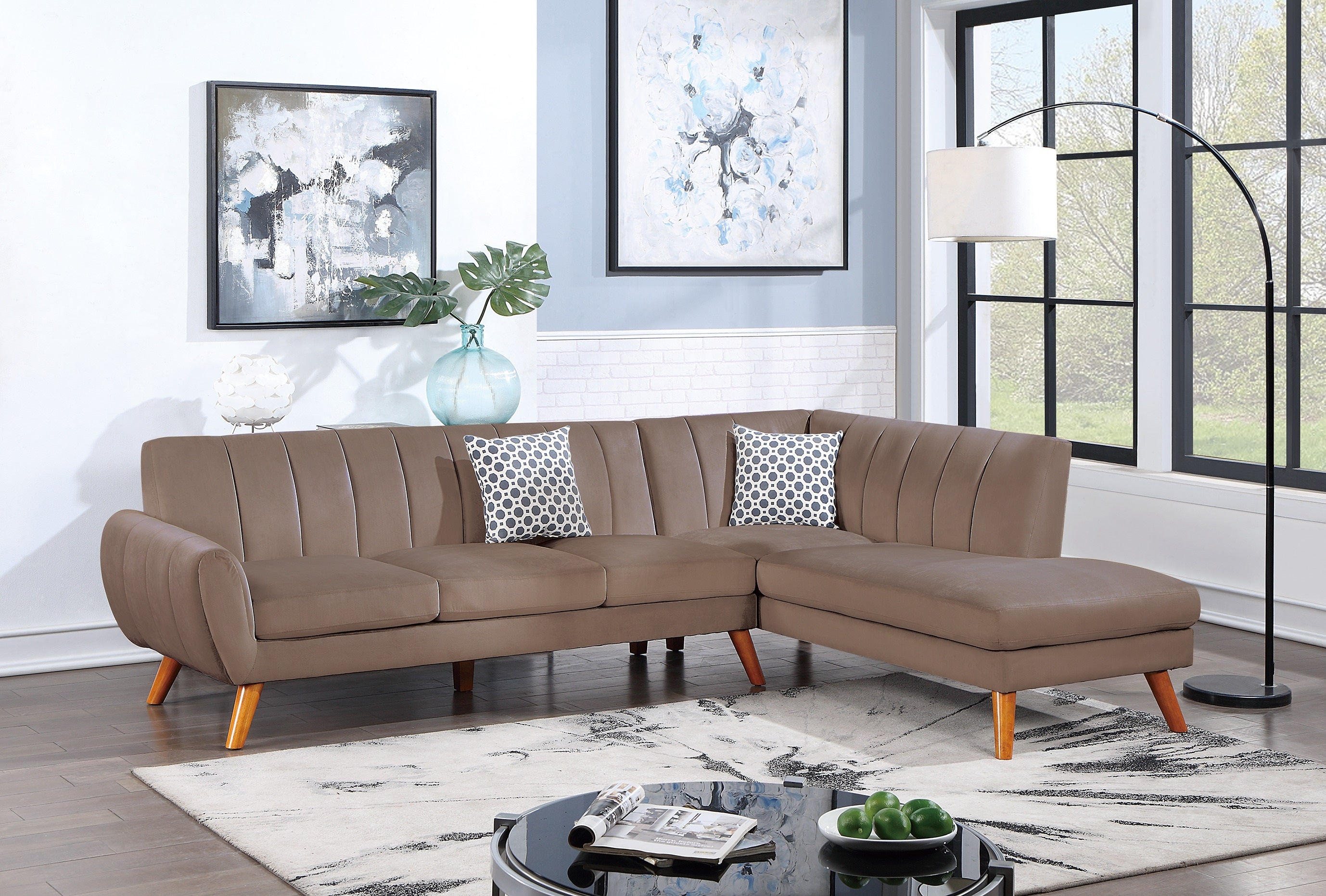 Contemporary Light Brown Velvet 2-Pc Sectional Sofa Set