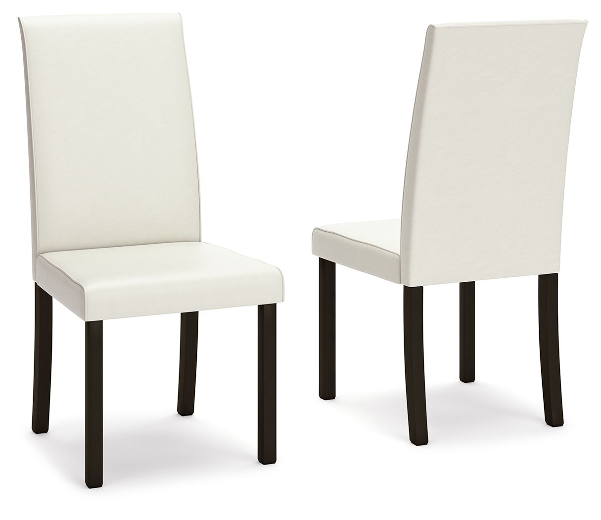 Pair of dining side chairs in pearl silver upholstery with dark wooden legs