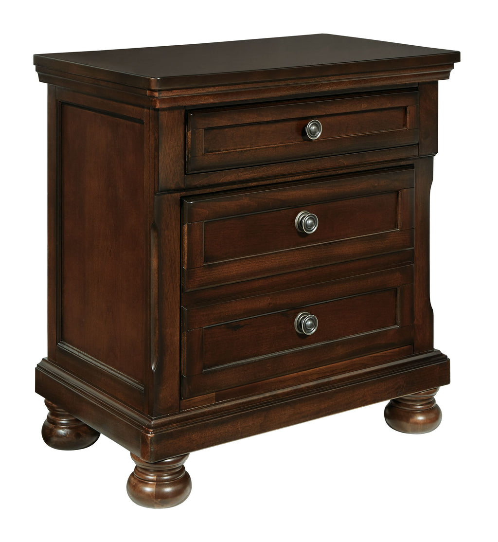 Dark brown two-drawer night stand with round metal pulls on each drawer
