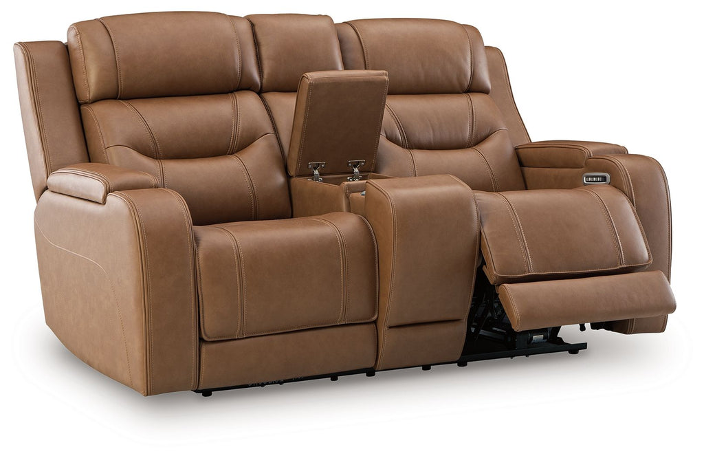 Power reclining loveseat with audio seating, brown upholstery, side view with recliner console