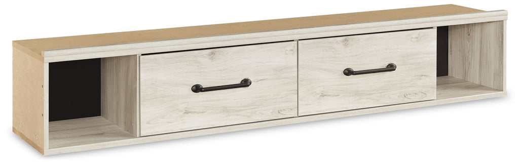 Whitewash under-bed storage unit with two drawers and open cubby on ends