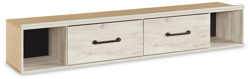 Whitewash under-bed storage unit with two drawers and open cubby on ends