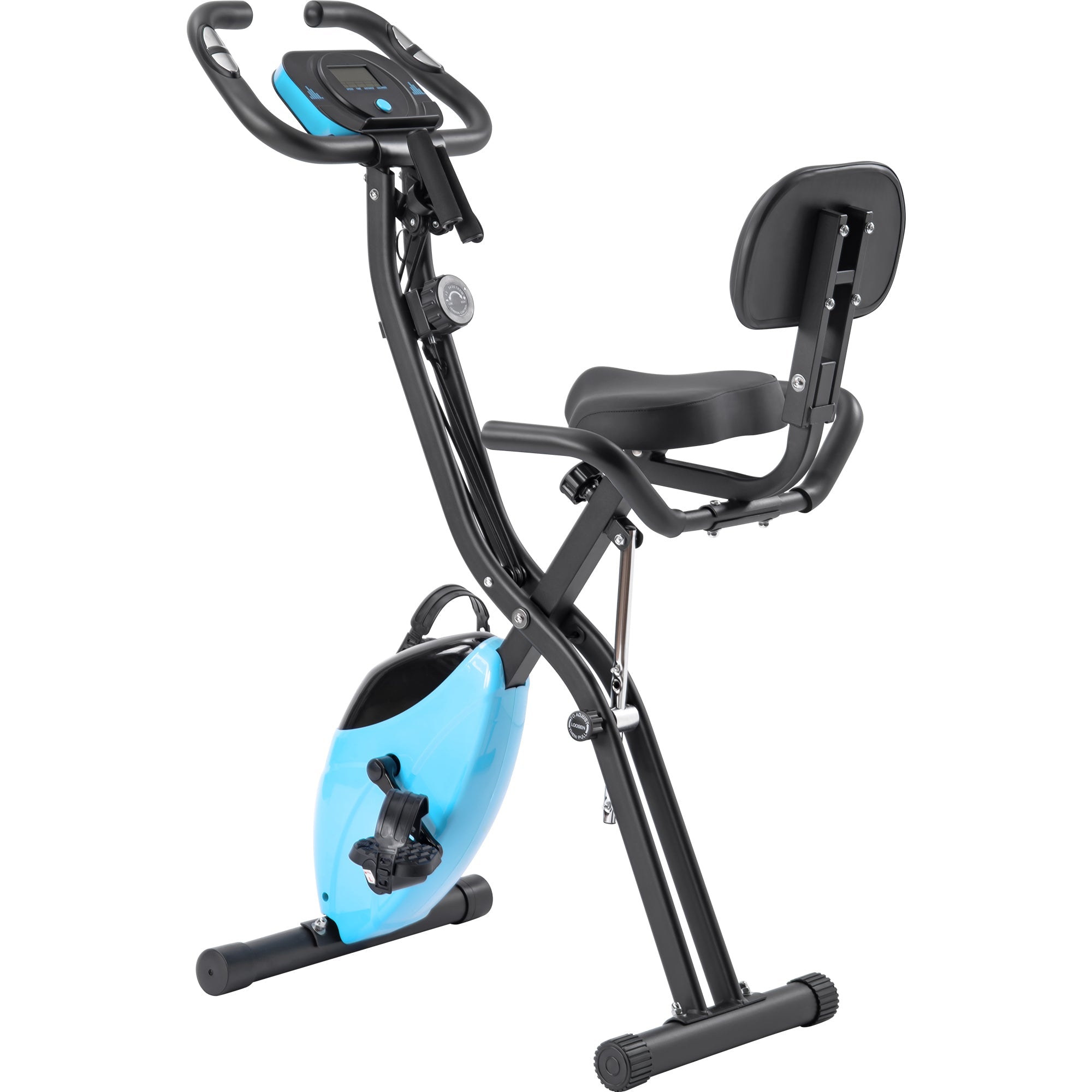 Folding Exercise Bike | Fitness Upright and Recumbent X-Bike | 10-Level Adjustable Resistance | Arm Bands and Backrest | Compact and Versatile