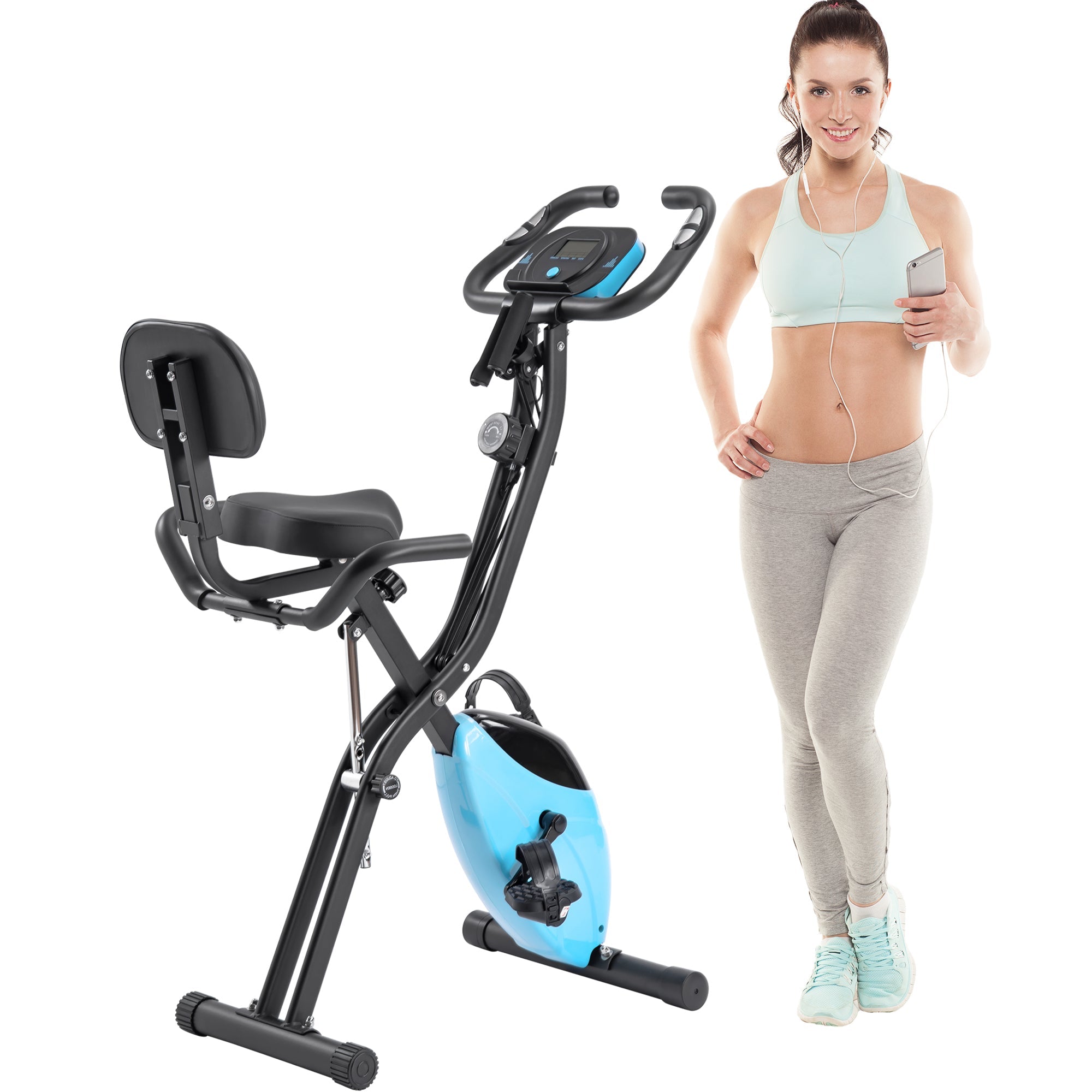 Folding Exercise Bike | Fitness Upright and Recumbent X-Bike | 10-Level Adjustable Resistance | Arm Bands and Backrest | Compact and Versatile