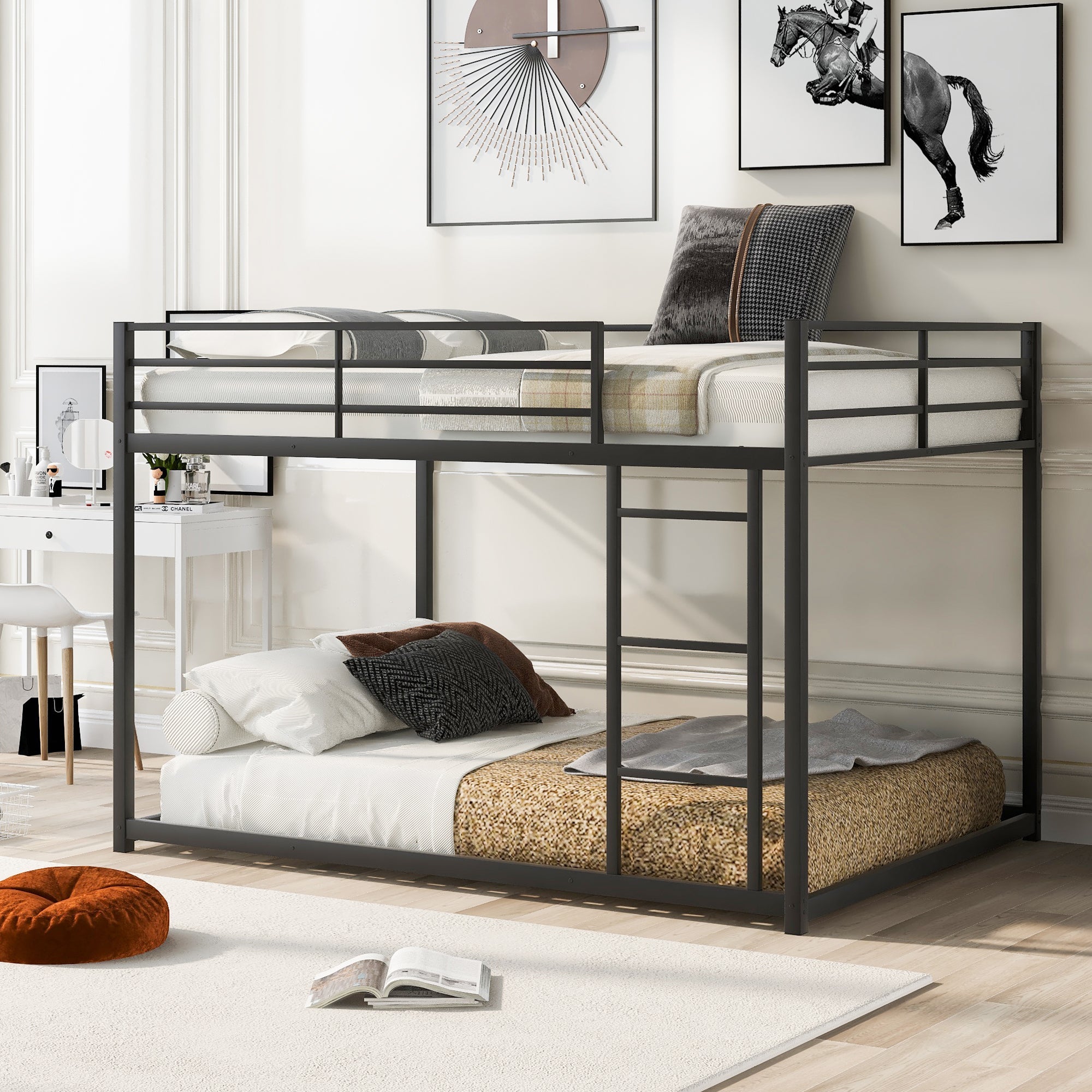 Full over Full Metal Bunk Bed | Low Profile Design with Ladder | Black Finish | Space-Saving Solution
