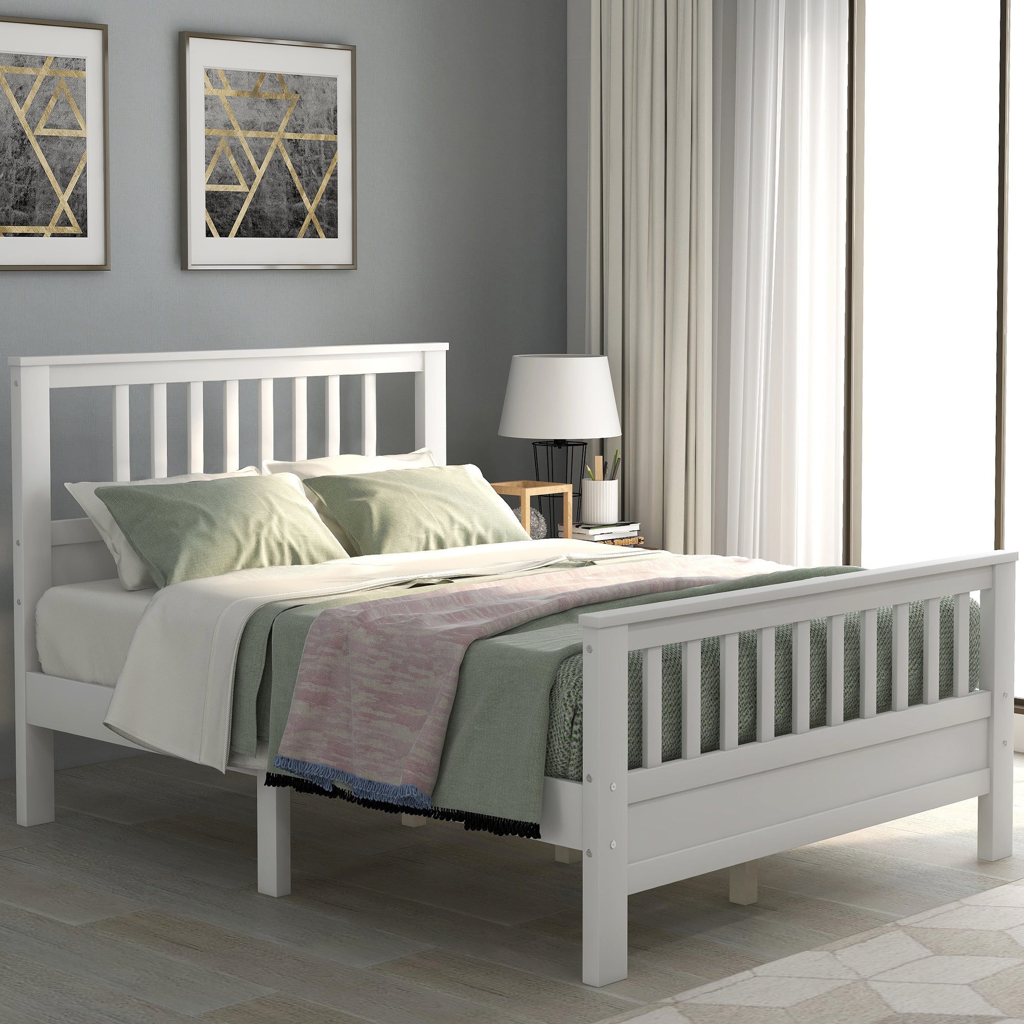 Full White Wood Platform Bed - Headboard & Footboard Included - Sturdy & Stylish Bedroom Furniture