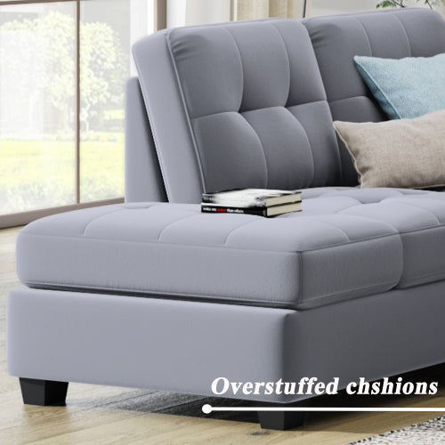 Gray L-Shaped Sectional Sofa: Oris fur with Reversible Chaise Lounge, Storage Ottoman, Cup Holders-Stationary Sectionals-American Furniture Outlet