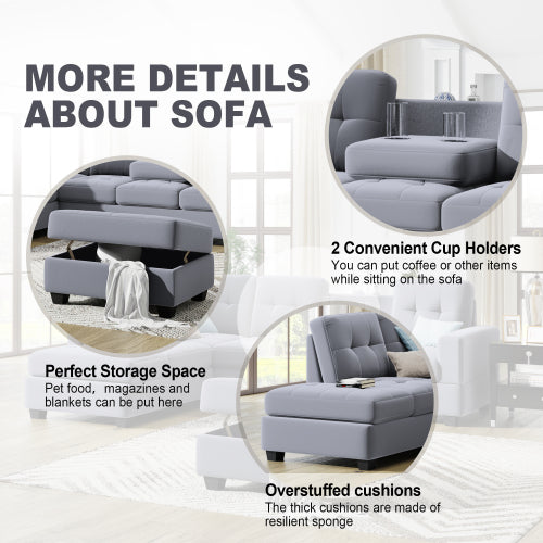 Gray L-Shaped Sectional Sofa: Oris fur with Reversible Chaise Lounge, Storage Ottoman, Cup Holders-Stationary Sectionals-American Furniture Outlet