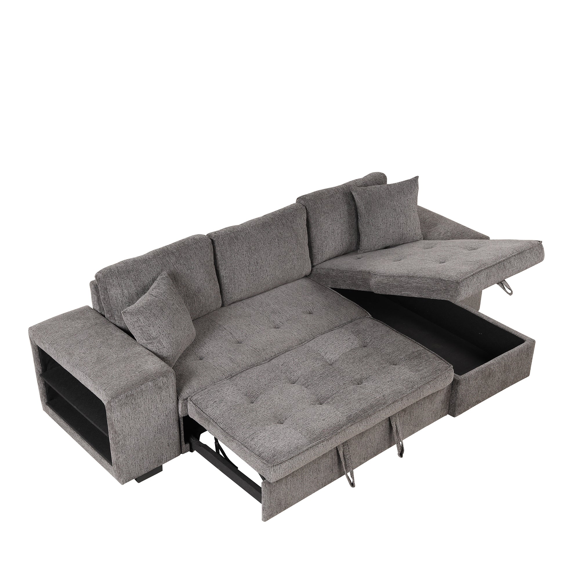 Gray Sectional Sleeper Sofa - Knox Charcoal, 104", Modern L-Shape, Storage, Stools