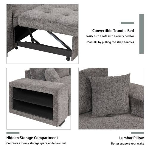 Gray Sectional Sleeper Sofa - Knox Charcoal, 104", Modern L-Shape, Storage, Stools