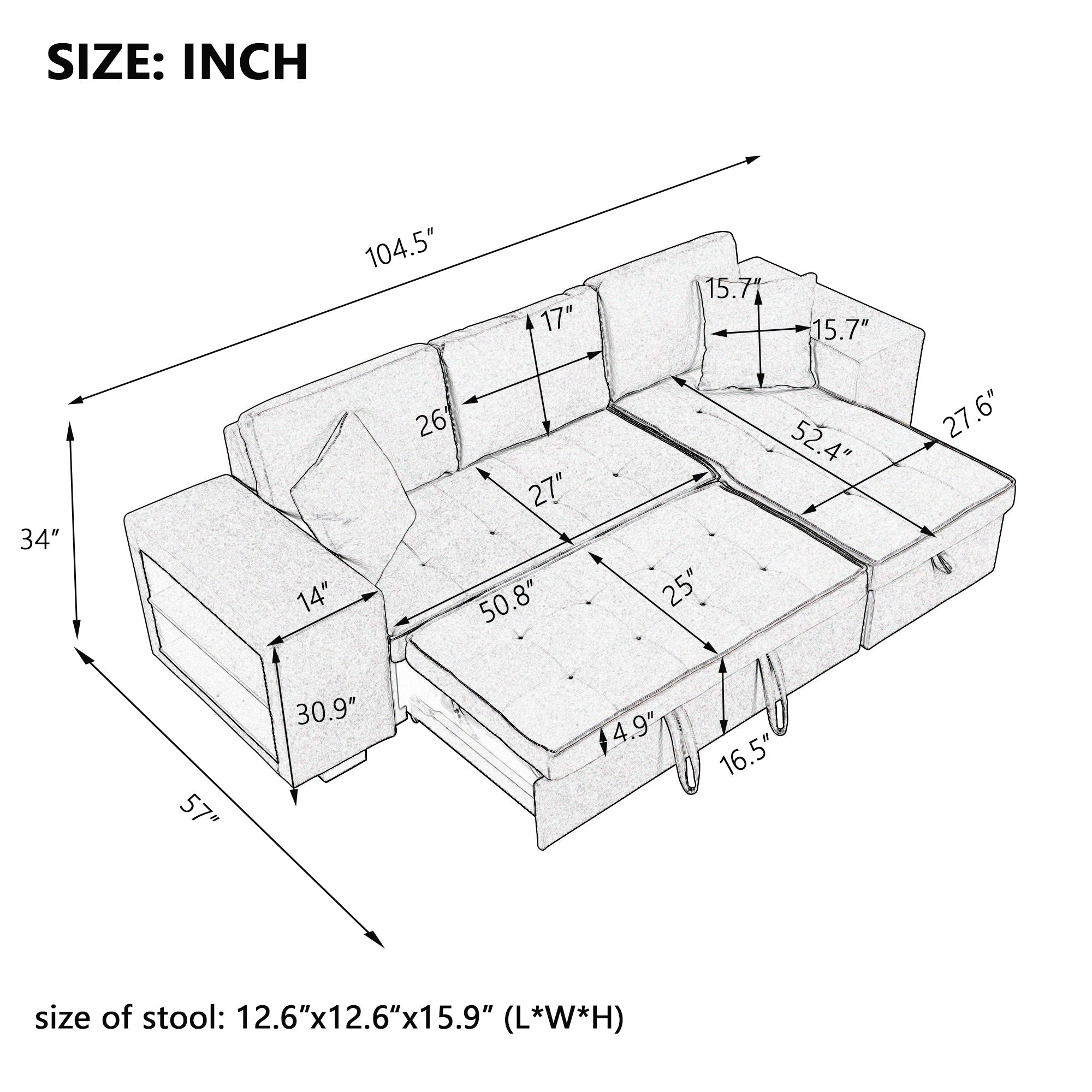 Gray Sectional Sleeper Sofa With Storage Chaise-Sleeper Sofas-American Furniture Outlet