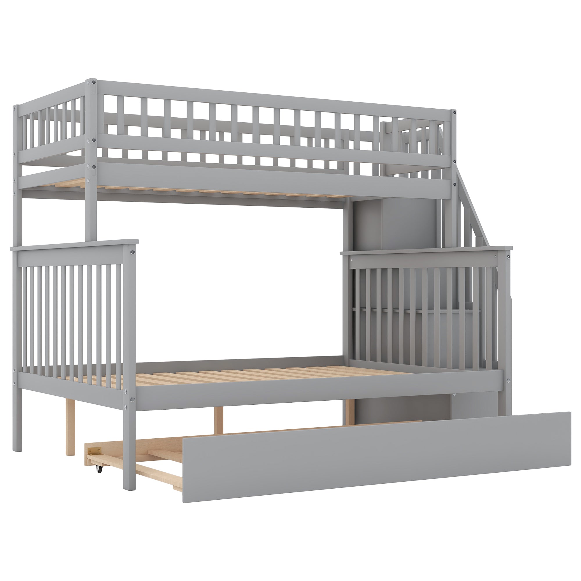 Gray Twin over Full Bunk Bed with Trundle & Staircase - Space-Saving Solution - Sturdy Construction