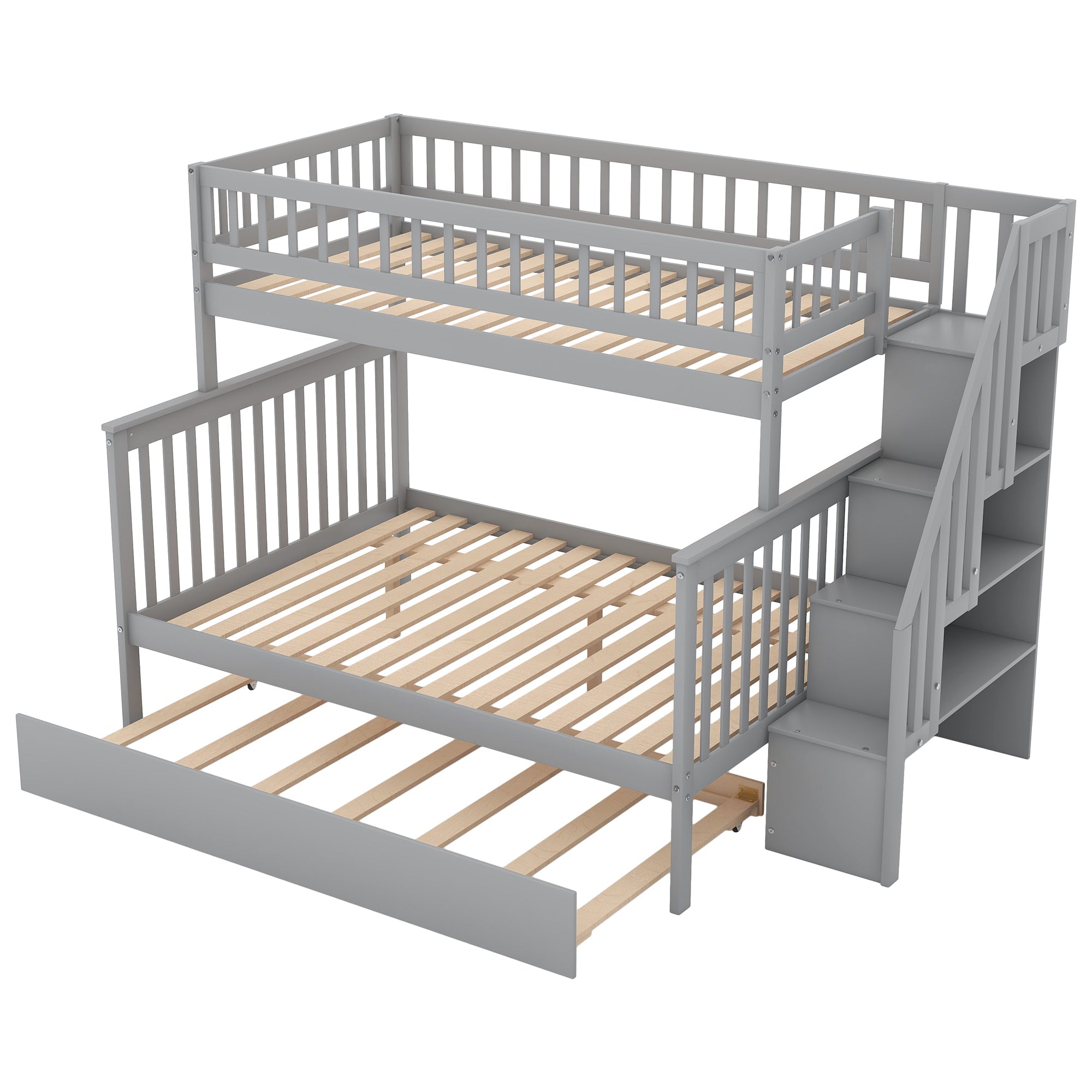 Gray Twin over Full Bunk Bed with Trundle & Staircase - Space-Saving Solution - Sturdy Construction