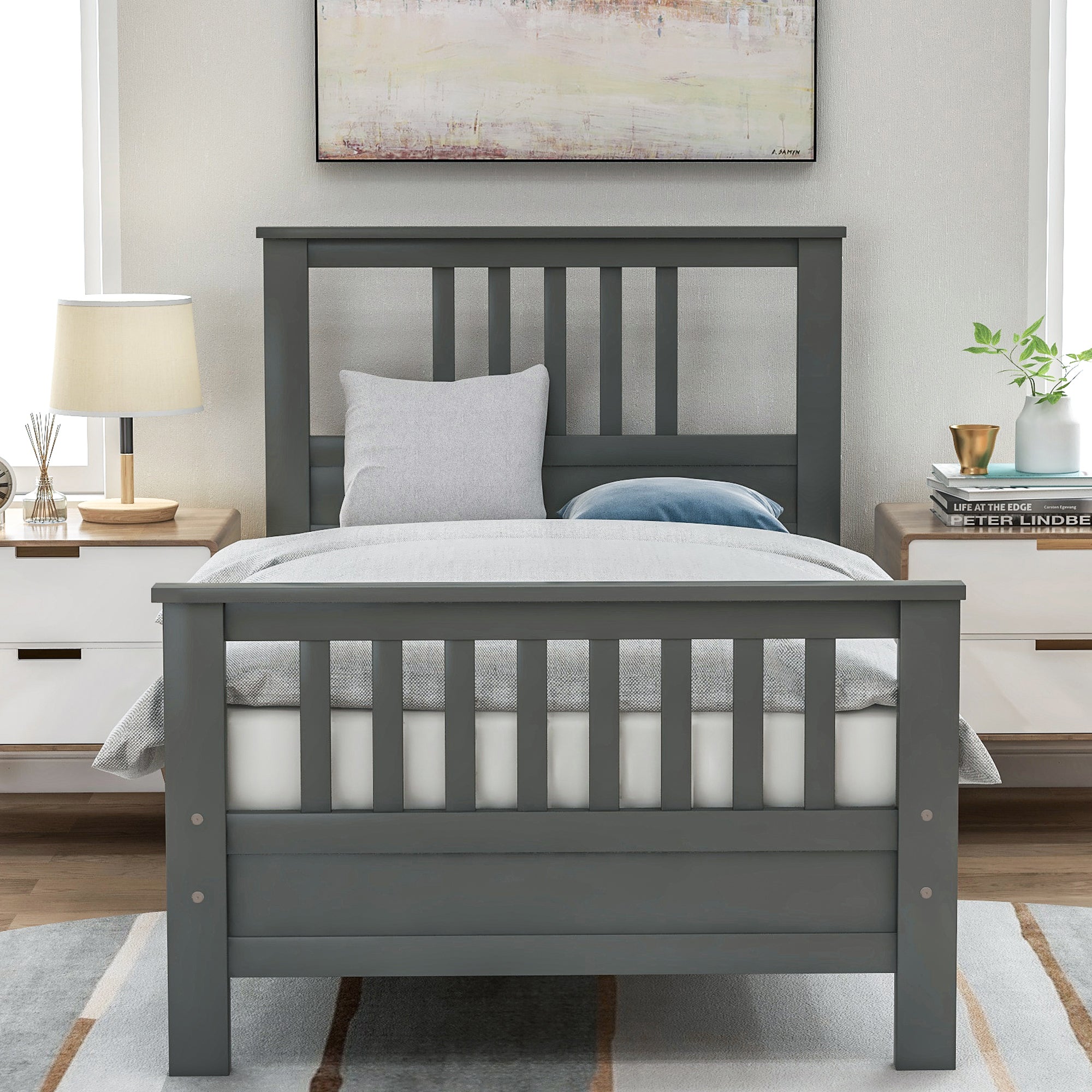 Gray Twin Wood Platform Bed with Headboard & Footboard - Sturdy Support, No Box Spring Needed