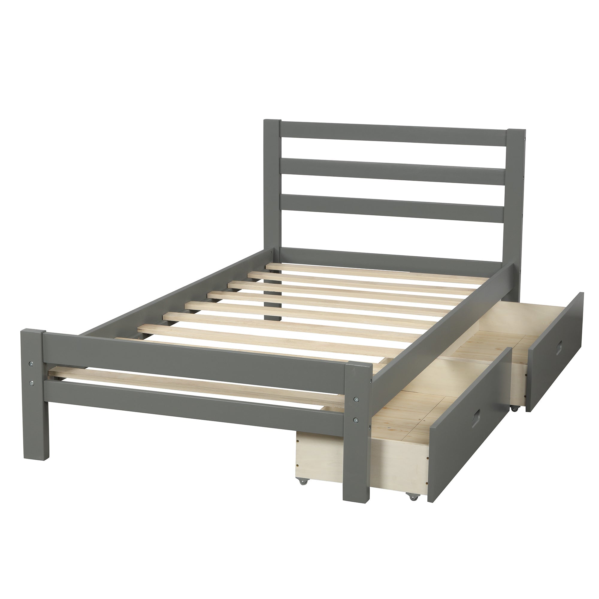 Gray Twin Wood Platform Bed with Two Drawers - Storage Solution, Sturdy Support
