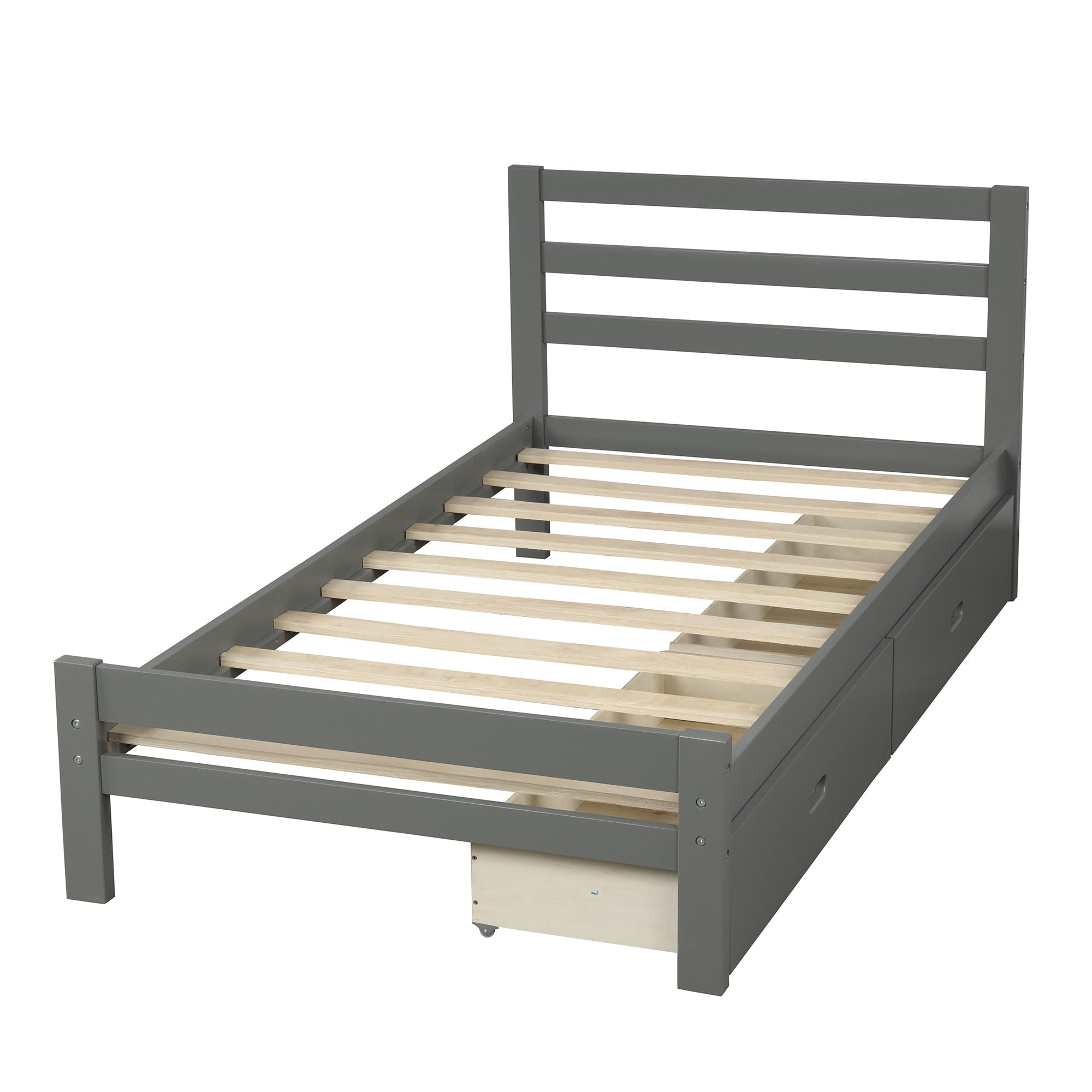 Gray Twin Wood Platform Bed with Two Drawers - Storage Solution, Sturdy Support