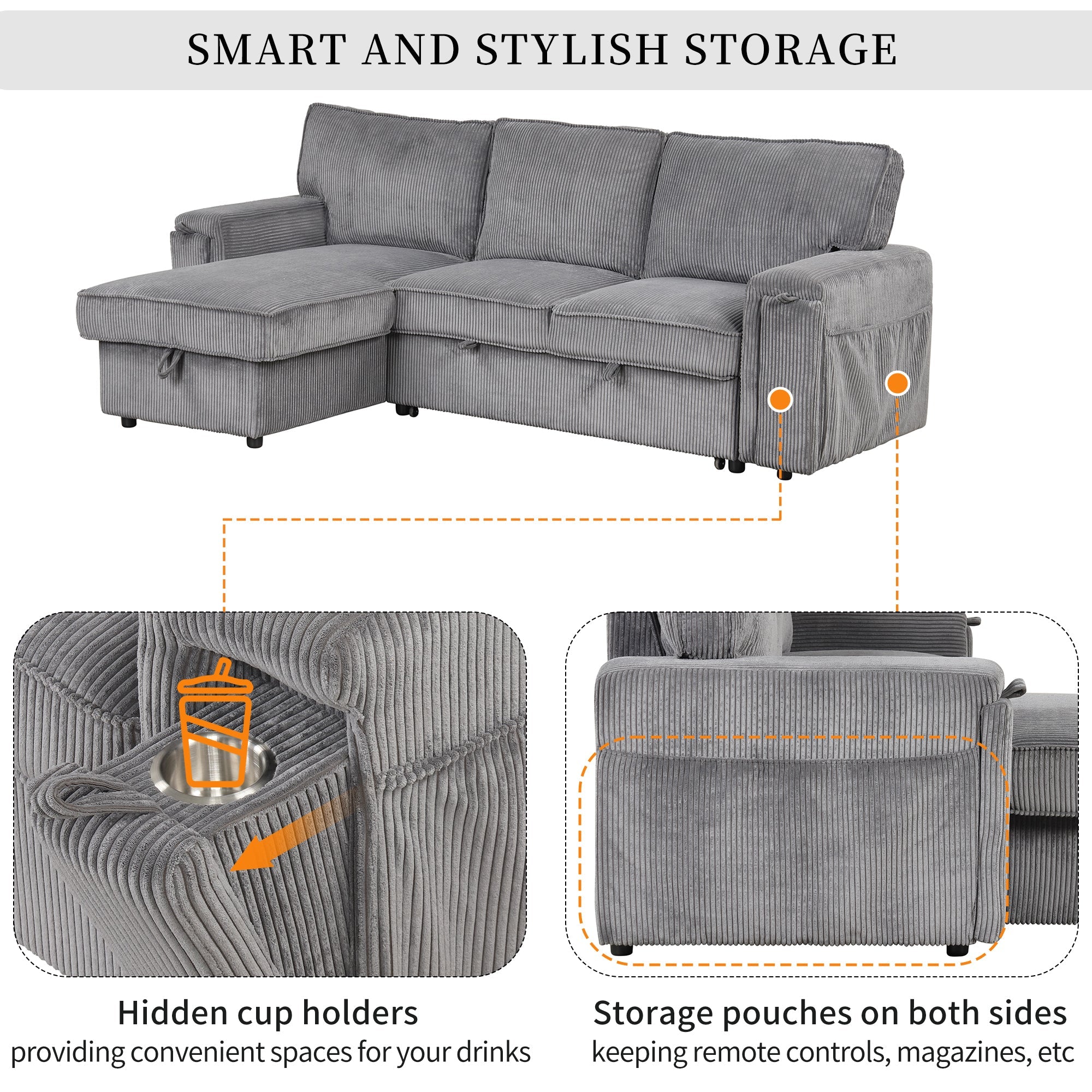 Gray Upholstery Sleeper Sectional Sofa: Storage Bags, 2 Cup Holders-Sleeper Sectionals-American Furniture Outlet