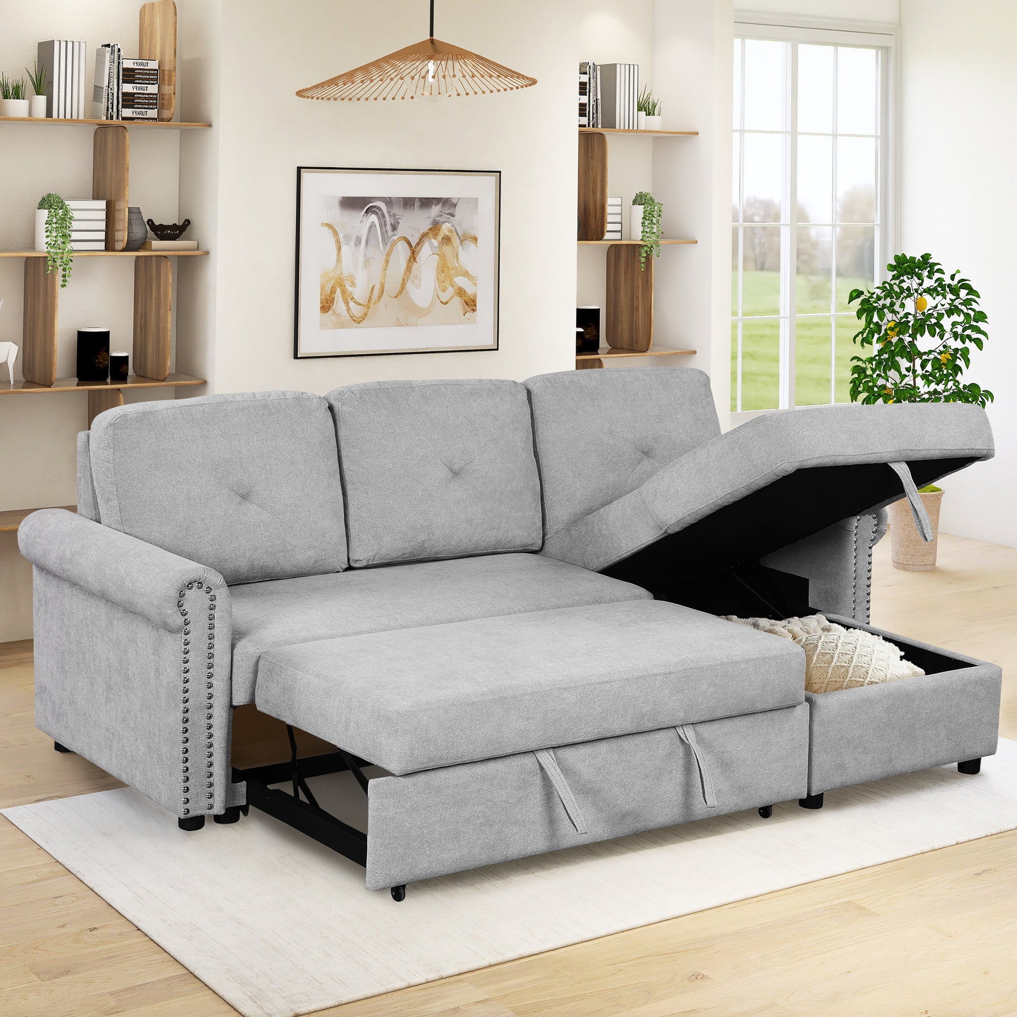 Gray Velvet Convertible Sleeper Sectional with Storage Chaise-Sleeper Sofas-American Furniture Outlet