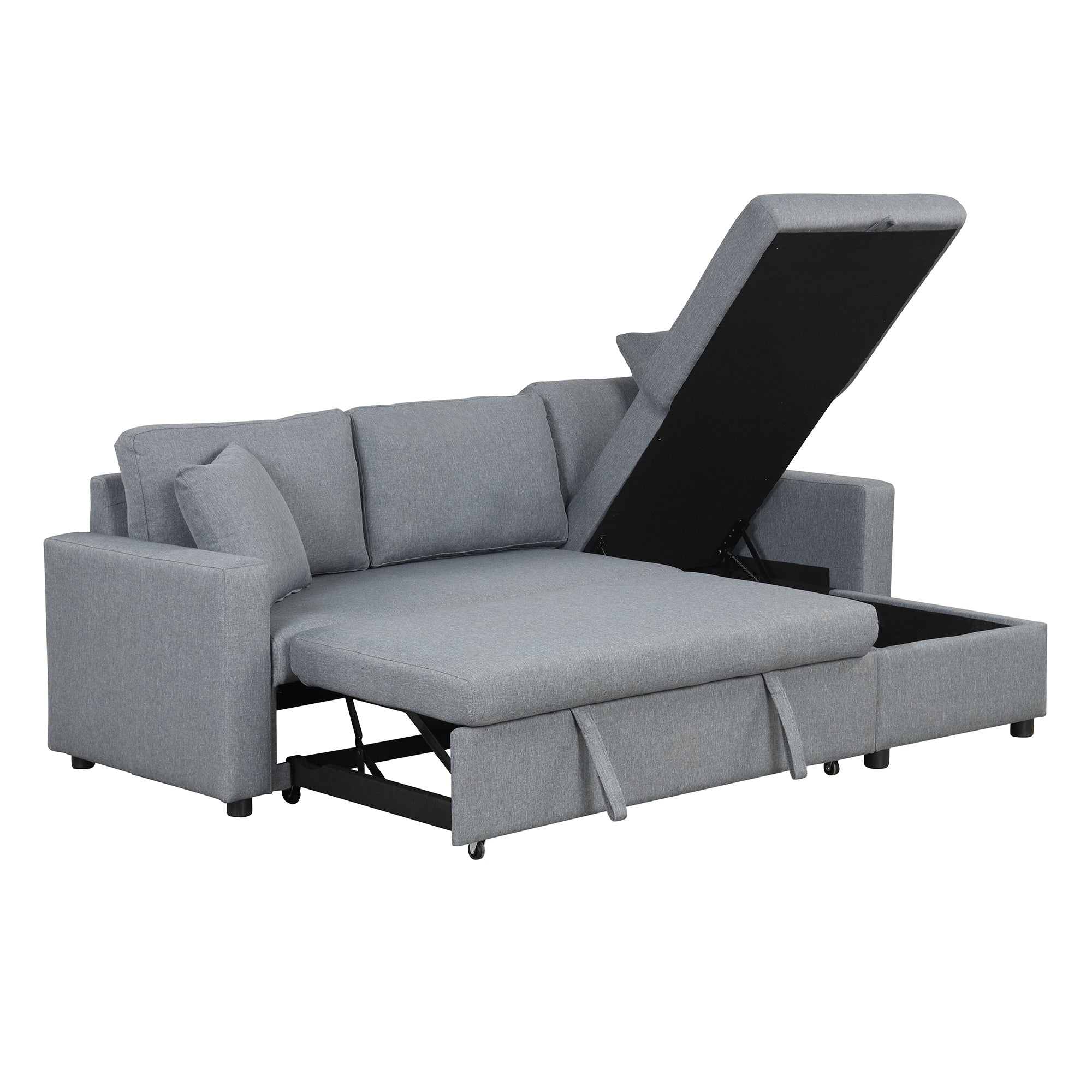 Grey Upholstery Sleeper Sectional Sofa: Storage, 2 Tossing Cushions-Sleeper Sectionals-American Furniture Outlet