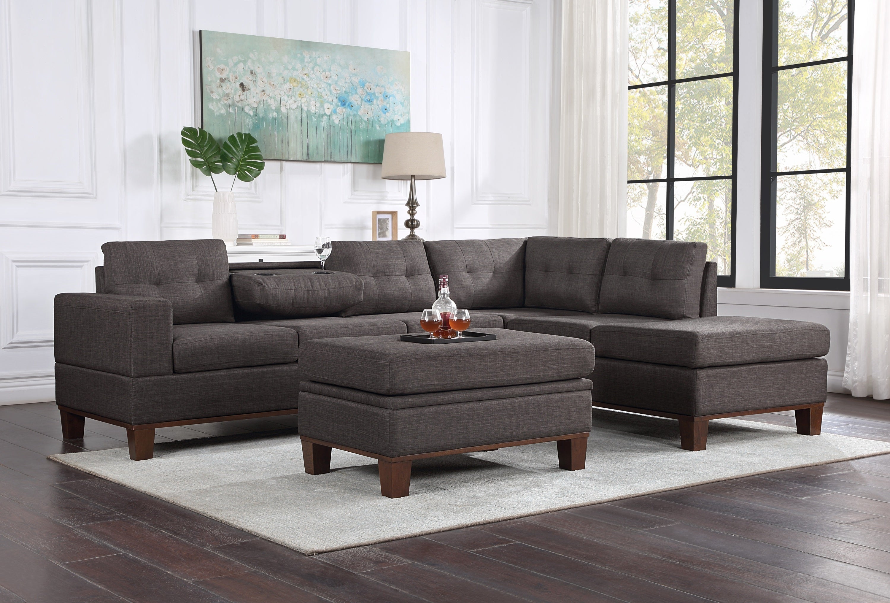 Hilo 106" Reversible Sectional Sofa w/Storage Ottoman & Cupholders - Dark Gray Fabric-Stationary Sectionals-American Furniture Outlet