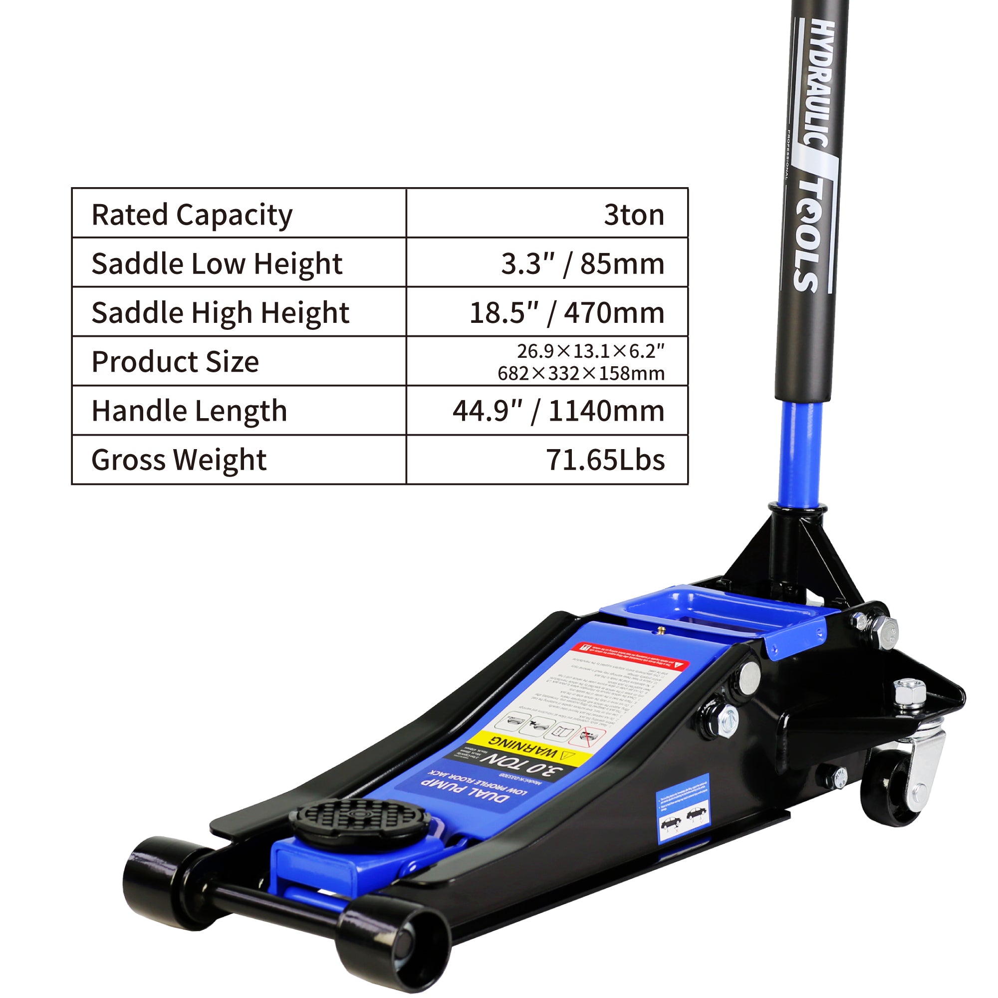 Hydraulic Low Profile Steel Racing Floor Jack 3 Ton (6600 lb) Capacity | Dual Piston Quick Lift Pump | Blue | Lifting Range 3.3"-18.5"