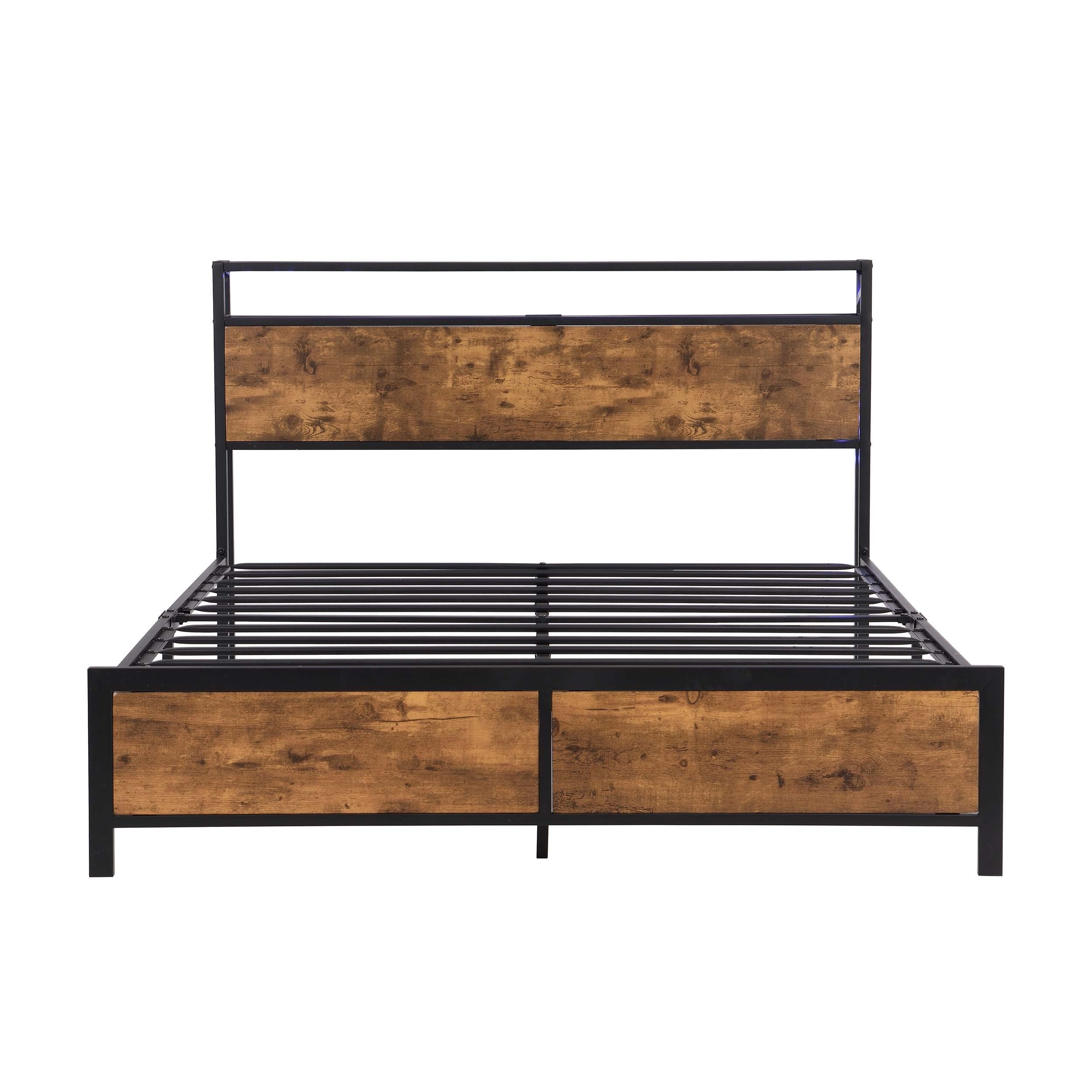 Industrial Full Bed Frame w/ LED Lights & 2 USB Ports | Full Size w/ Storage | Noise-Free | Rustic Brown | Google Shopping