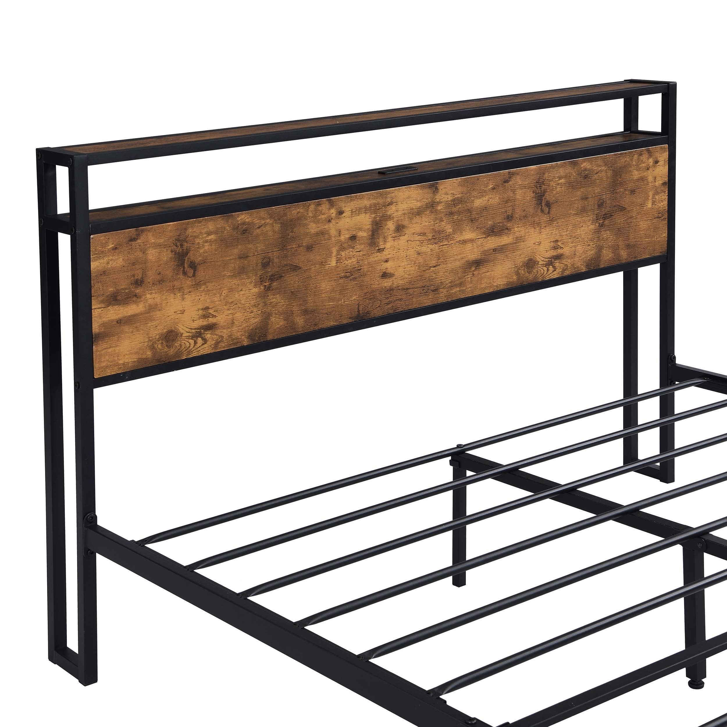 Industrial Full Bed Frame w/ LED Lights & 2 USB Ports | Full Size w/ Storage | Noise-Free | Rustic Brown | Google Shopping