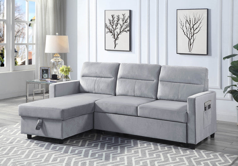 Ivy 81.5" Light Gray Velvet Sleeper Sectional Sofa w/Storage & Pocket-Sleeper Sectionals-American Furniture Outlet