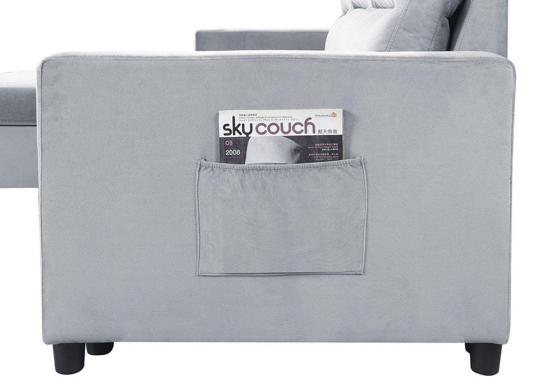 Ivy 81.5" Light Gray Velvet Sleeper Sectional Sofa w/Storage & Pocket-Sleeper Sectionals-American Furniture Outlet